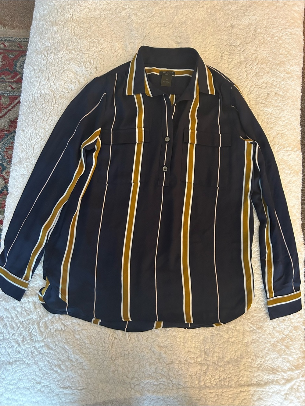 Ann Taylor Navy Button-Down Shirt with Mustard and White Stripes